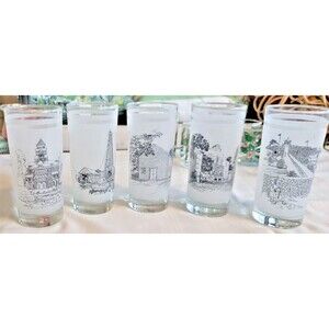 Norman Baxter Commemorative 5 Glass Set Sketches of Texas Landmarks  signed VTG